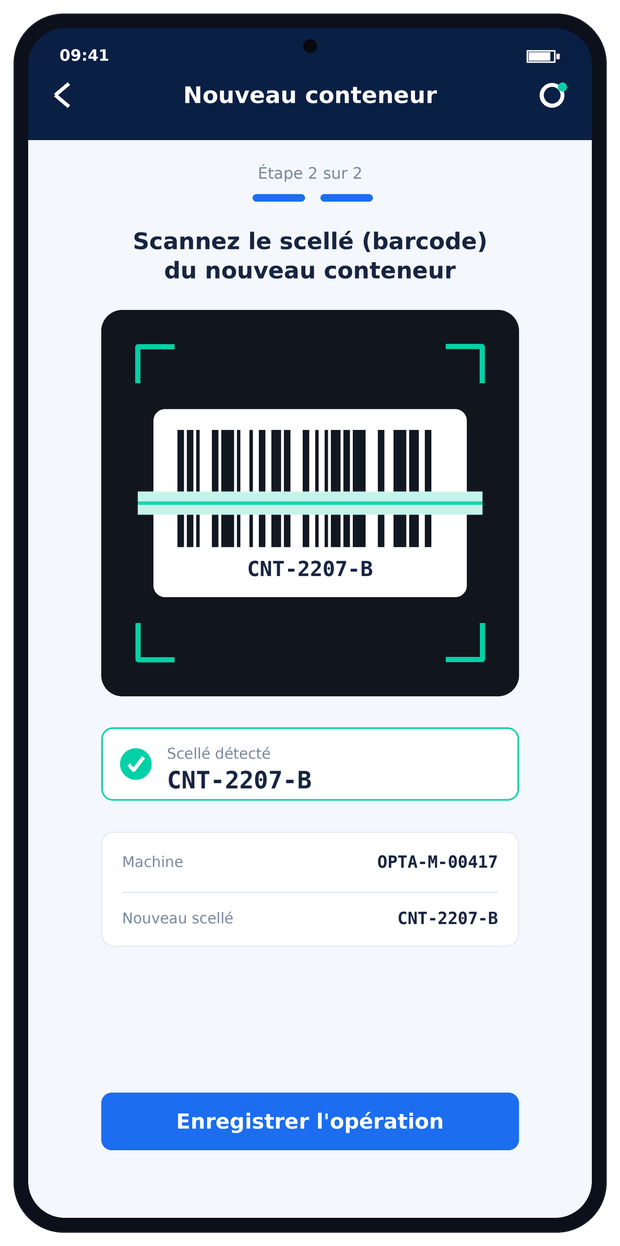 Application Optacash — scan du nouveau conteneur