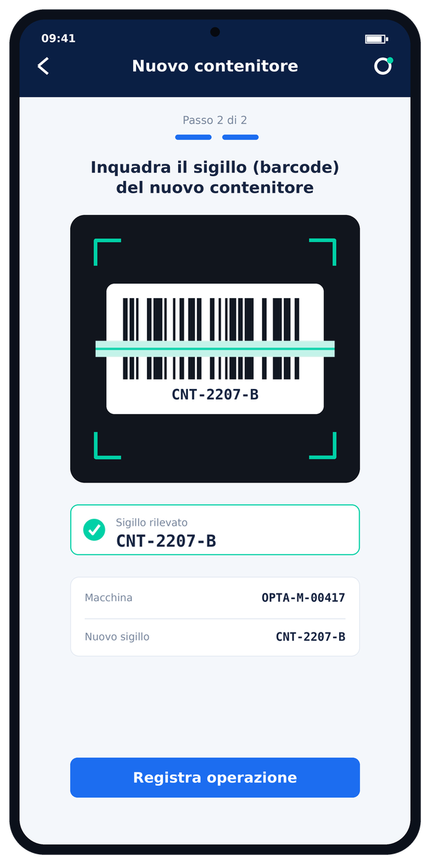 App Optacash — scansione nuovo contenitore