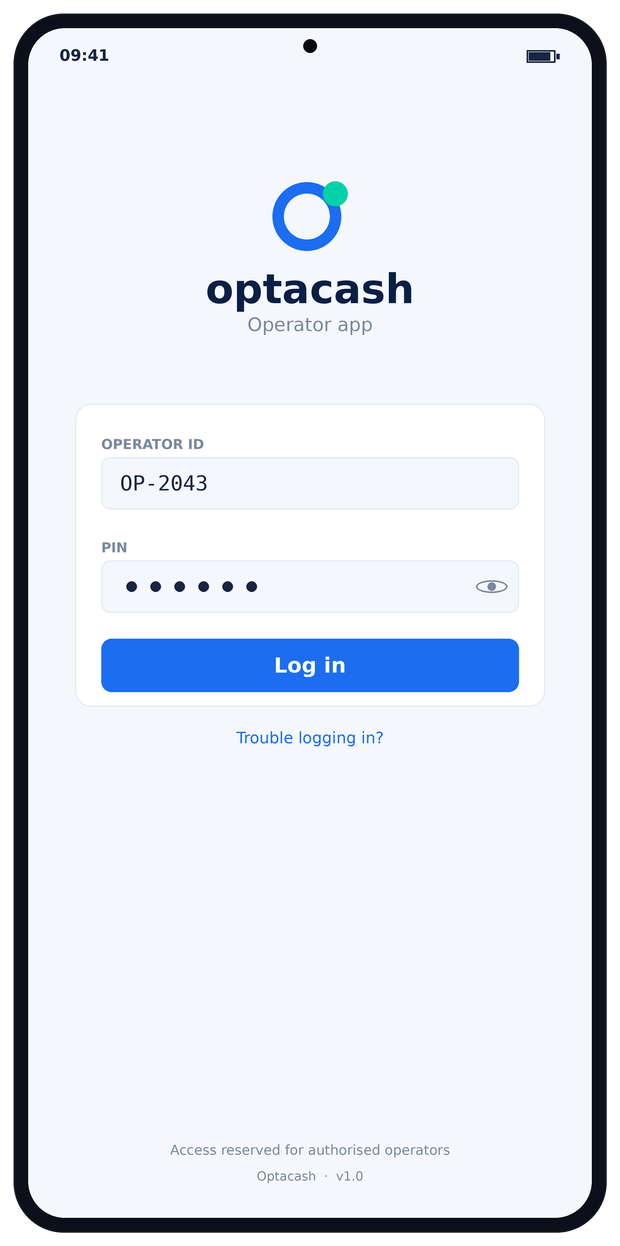 Optacash app — operator login
