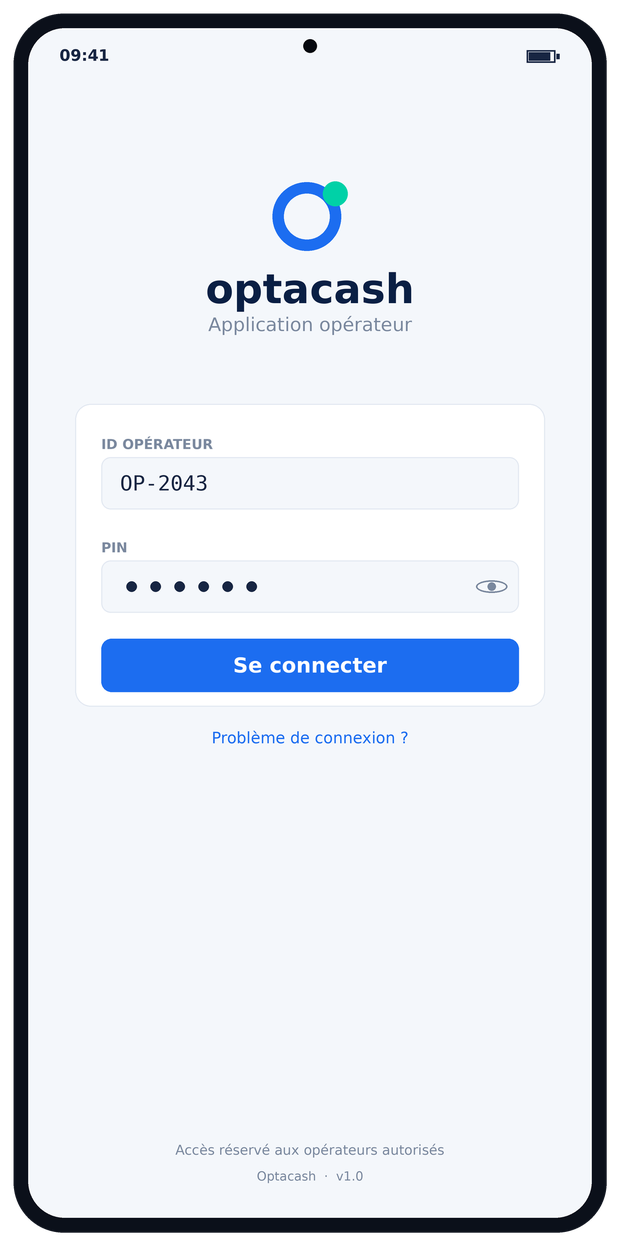 Application Optacash — connexion opérateur