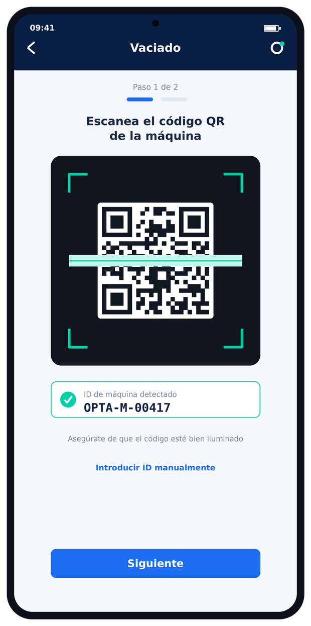 App Optacash — escaneo de ID de máquina